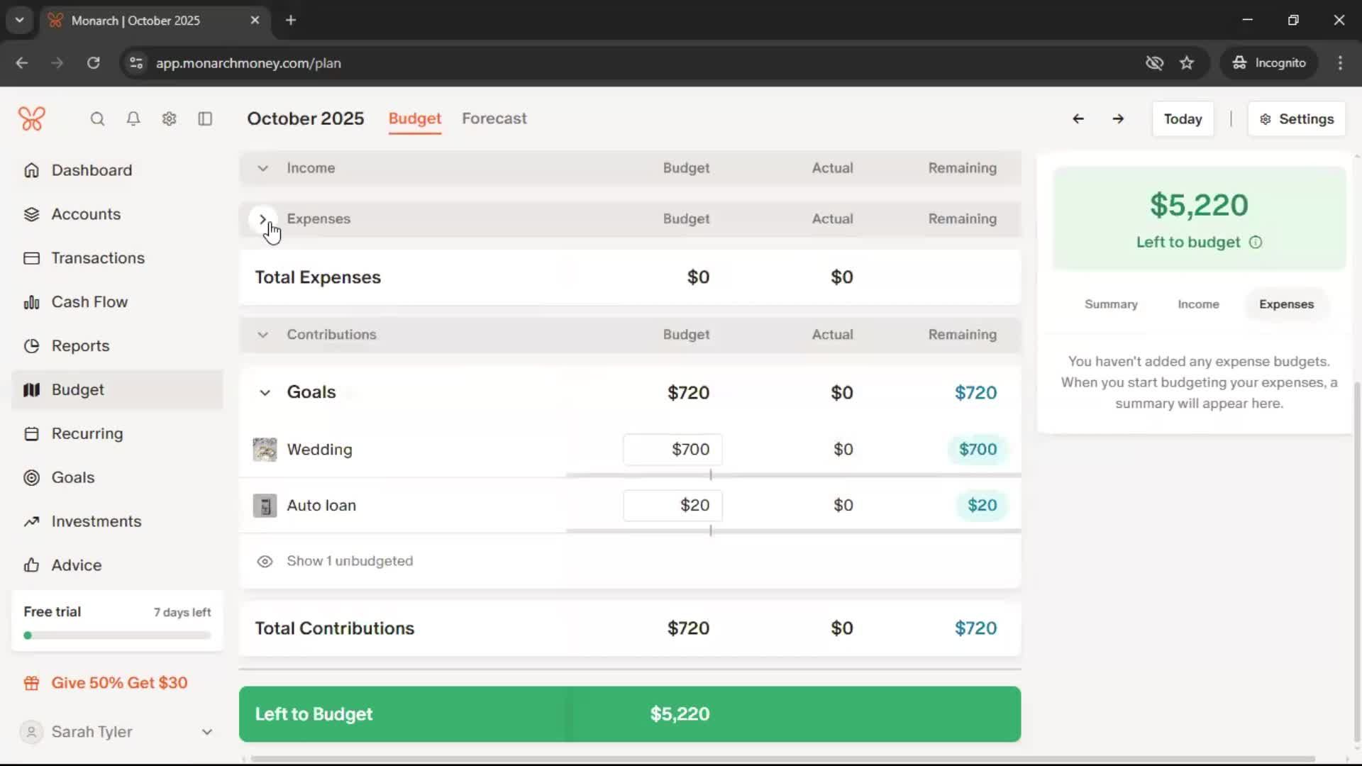 Creating a budget screenshot
