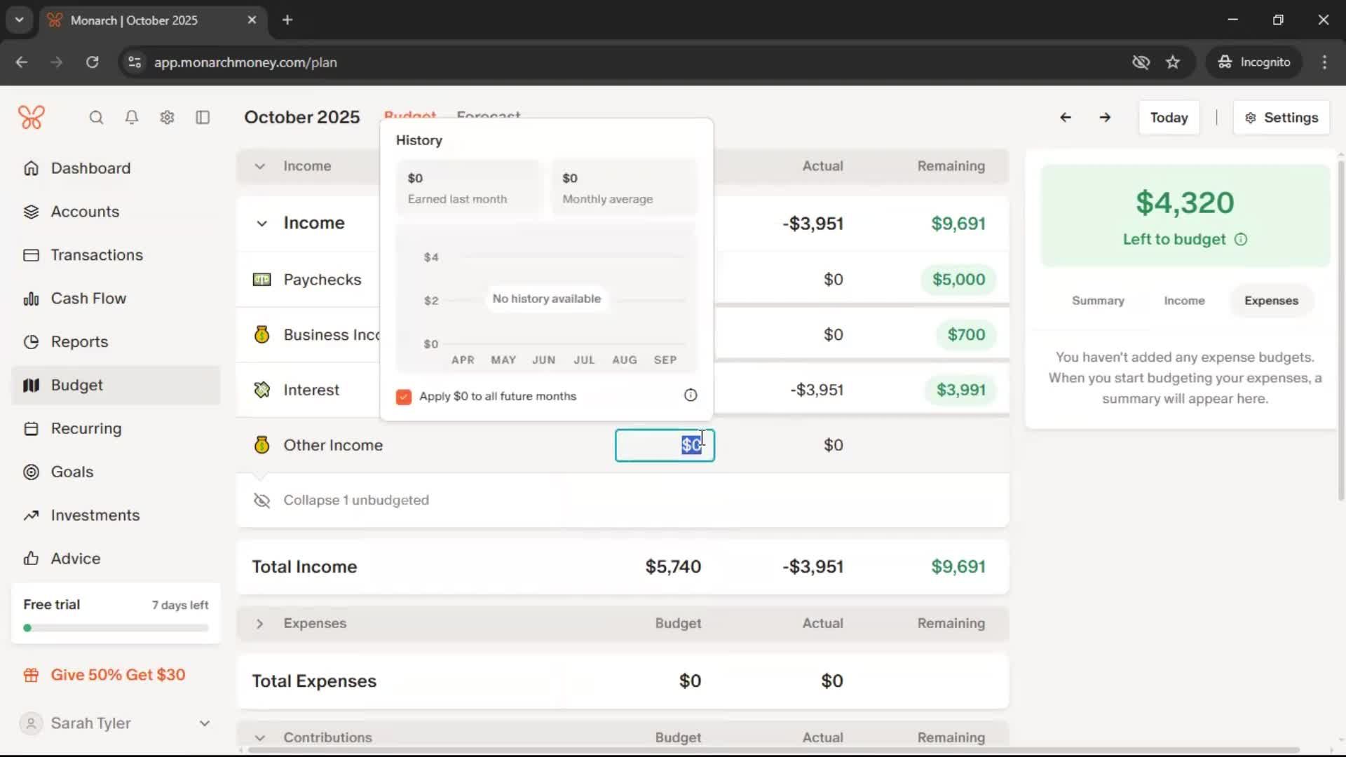 Creating a budget screenshot