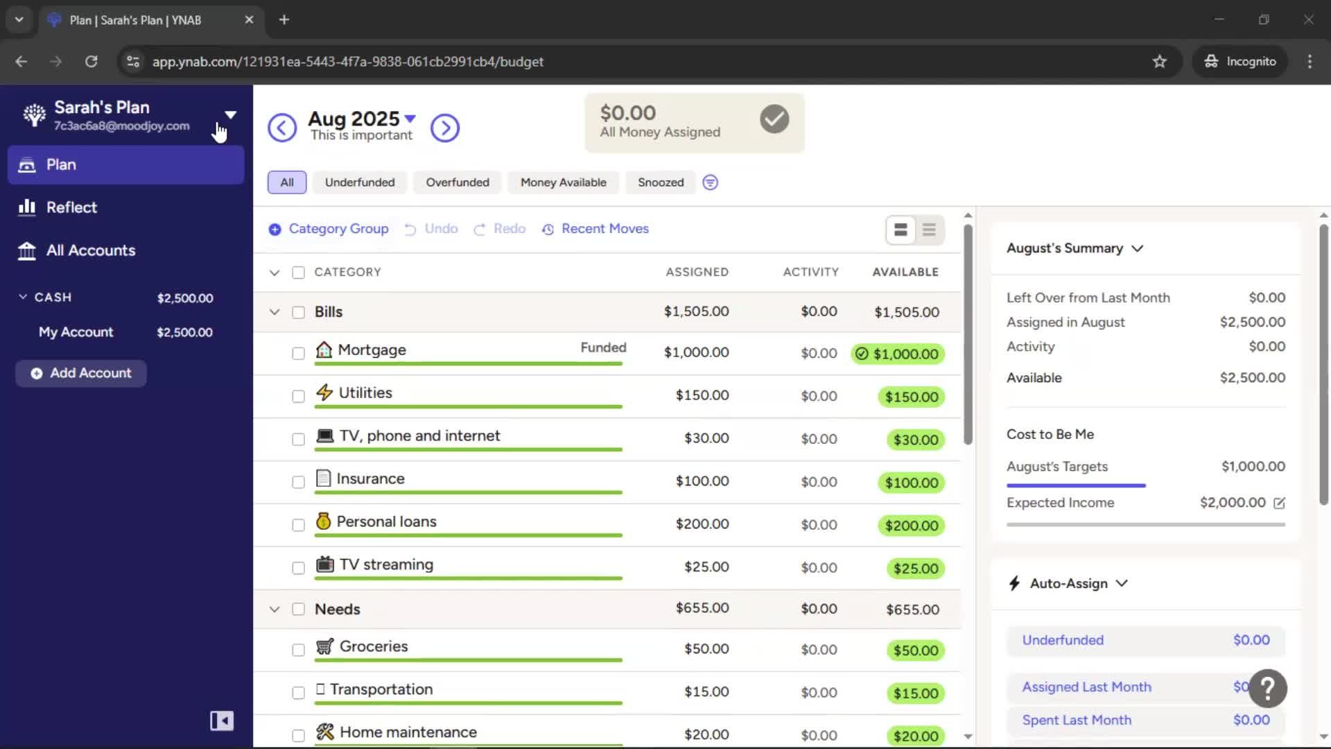 Creating a budget screenshot