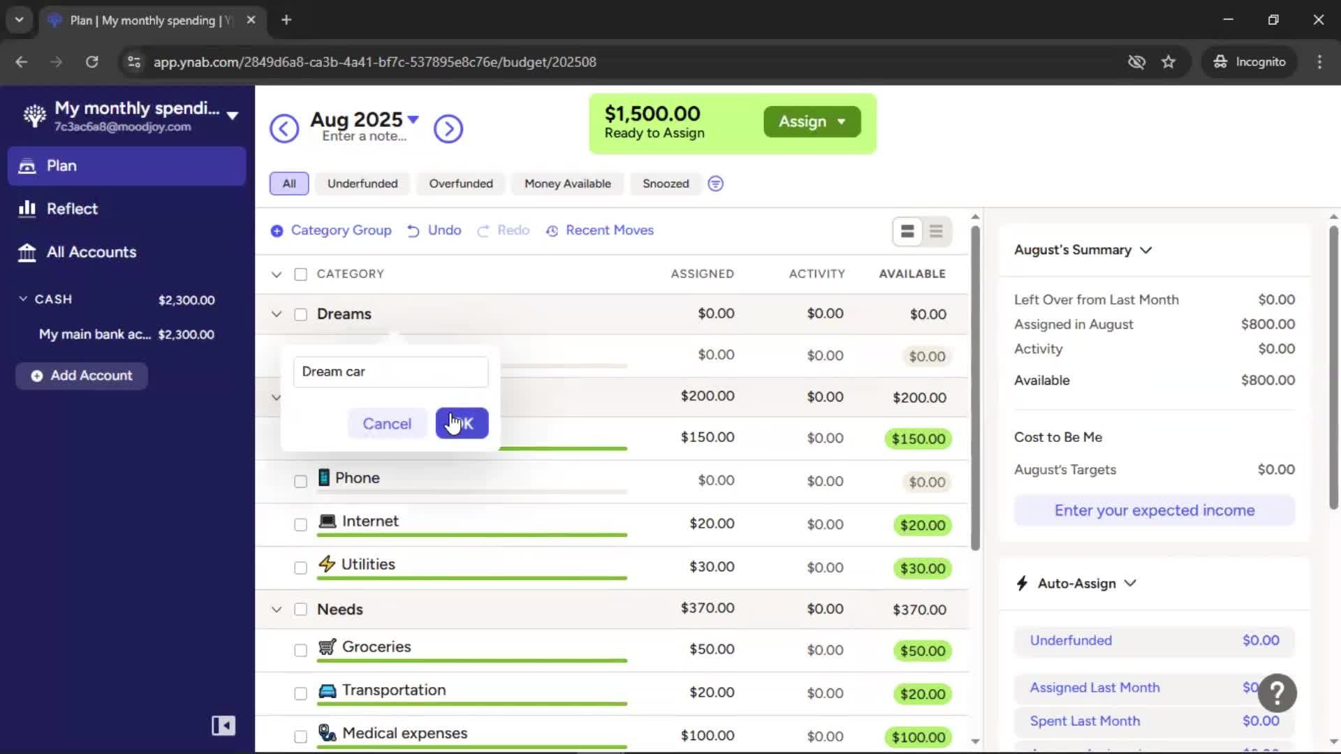 Creating a budget screenshot