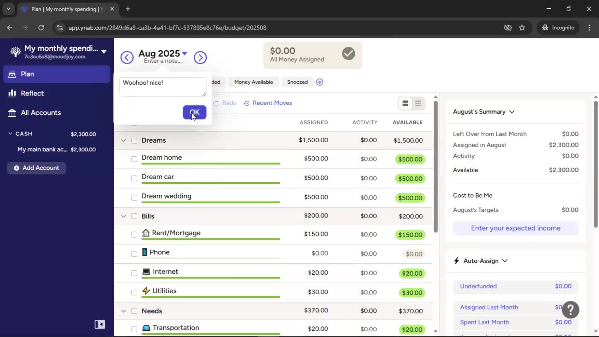 Creating a budget screenshot