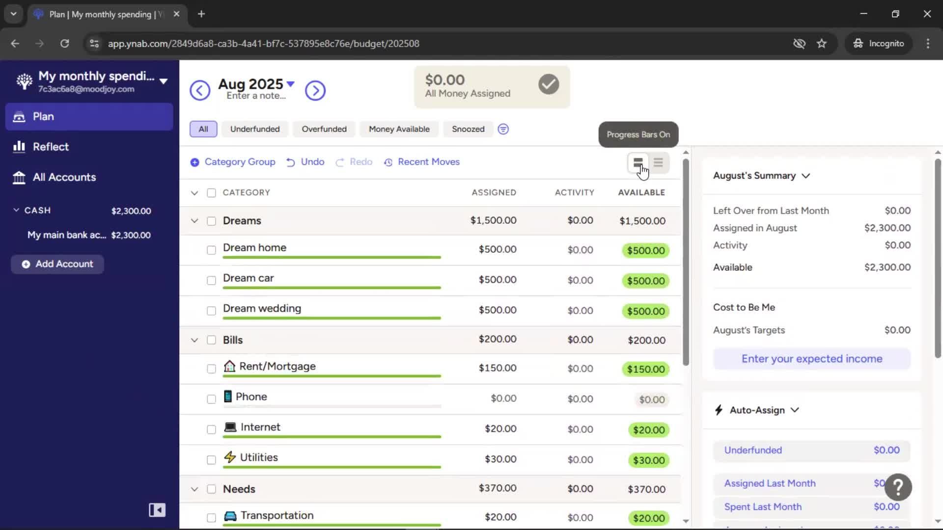 Creating a budget screenshot