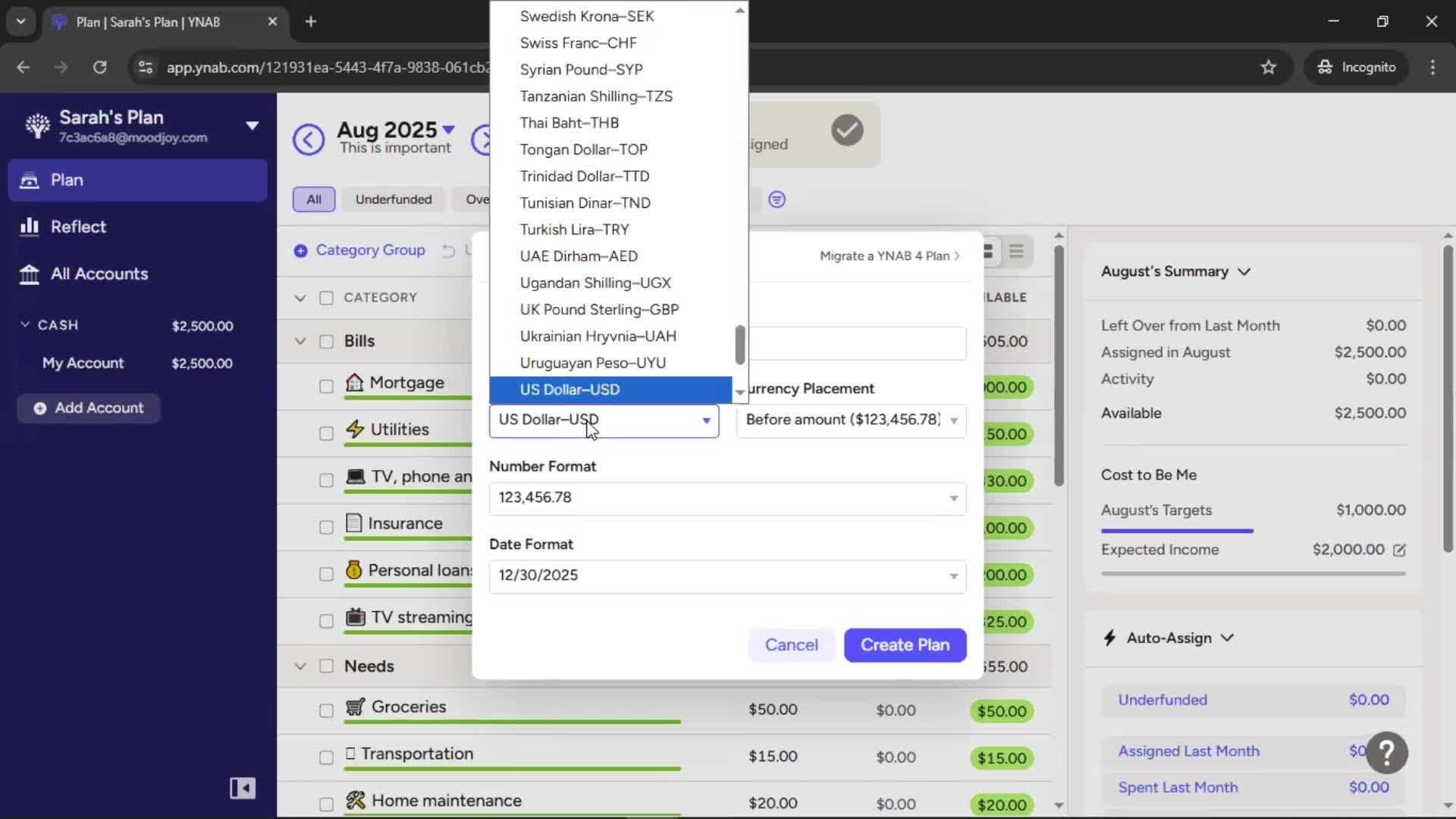 Creating a budget screenshot