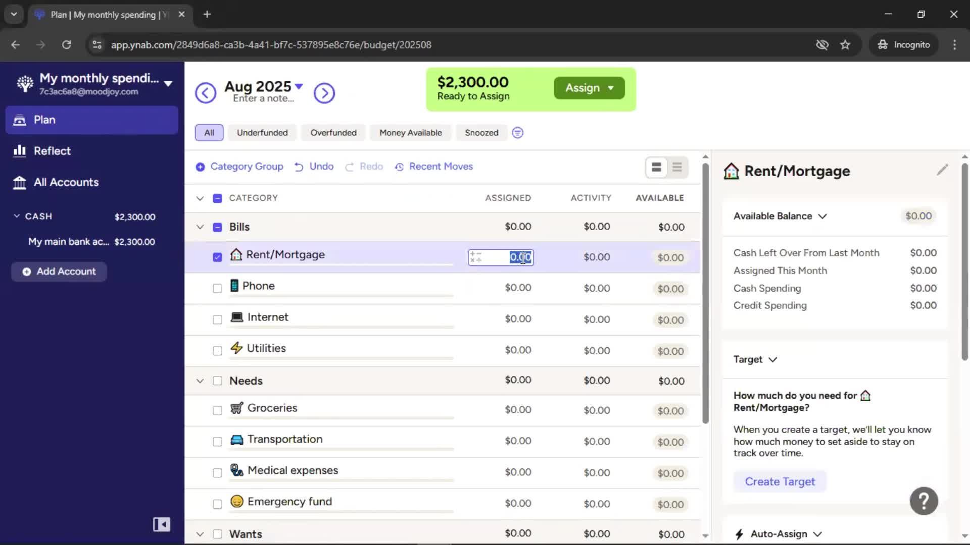 Creating a budget screenshot