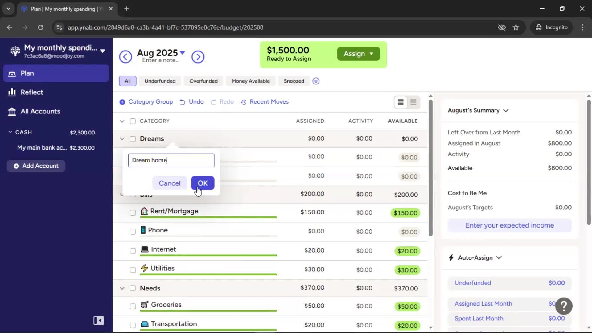 Creating a budget screenshot