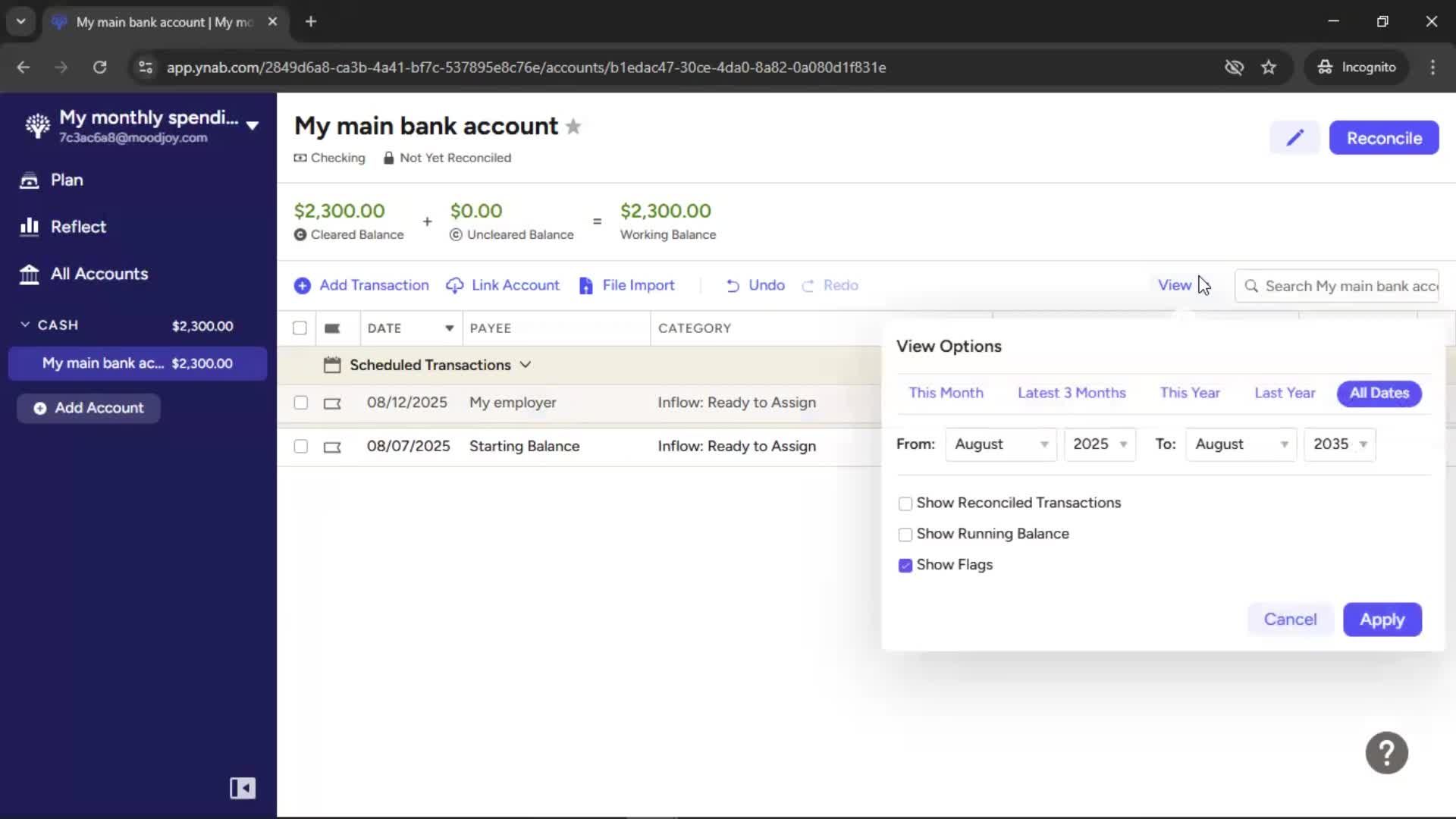 Creating a budget screenshot