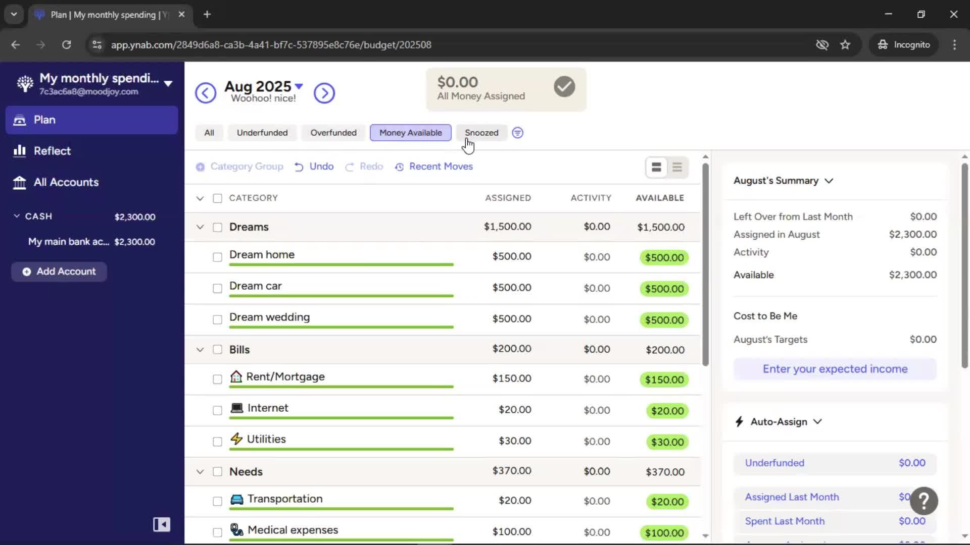 Creating a budget screenshot