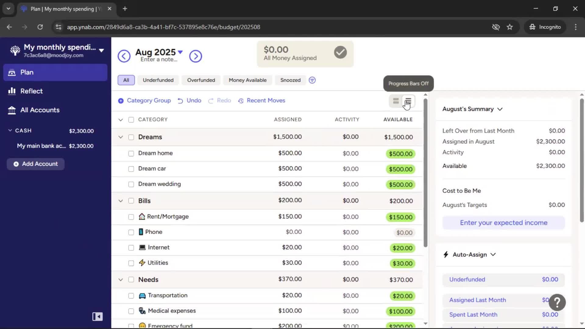 Creating a budget screenshot