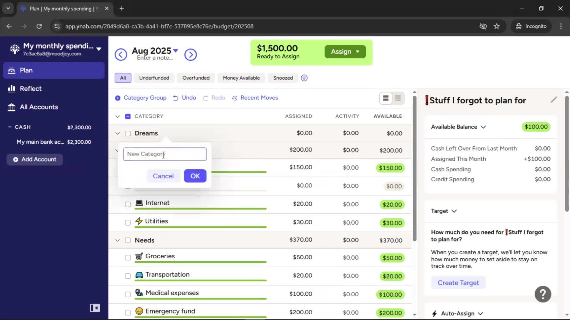 Creating a budget screenshot