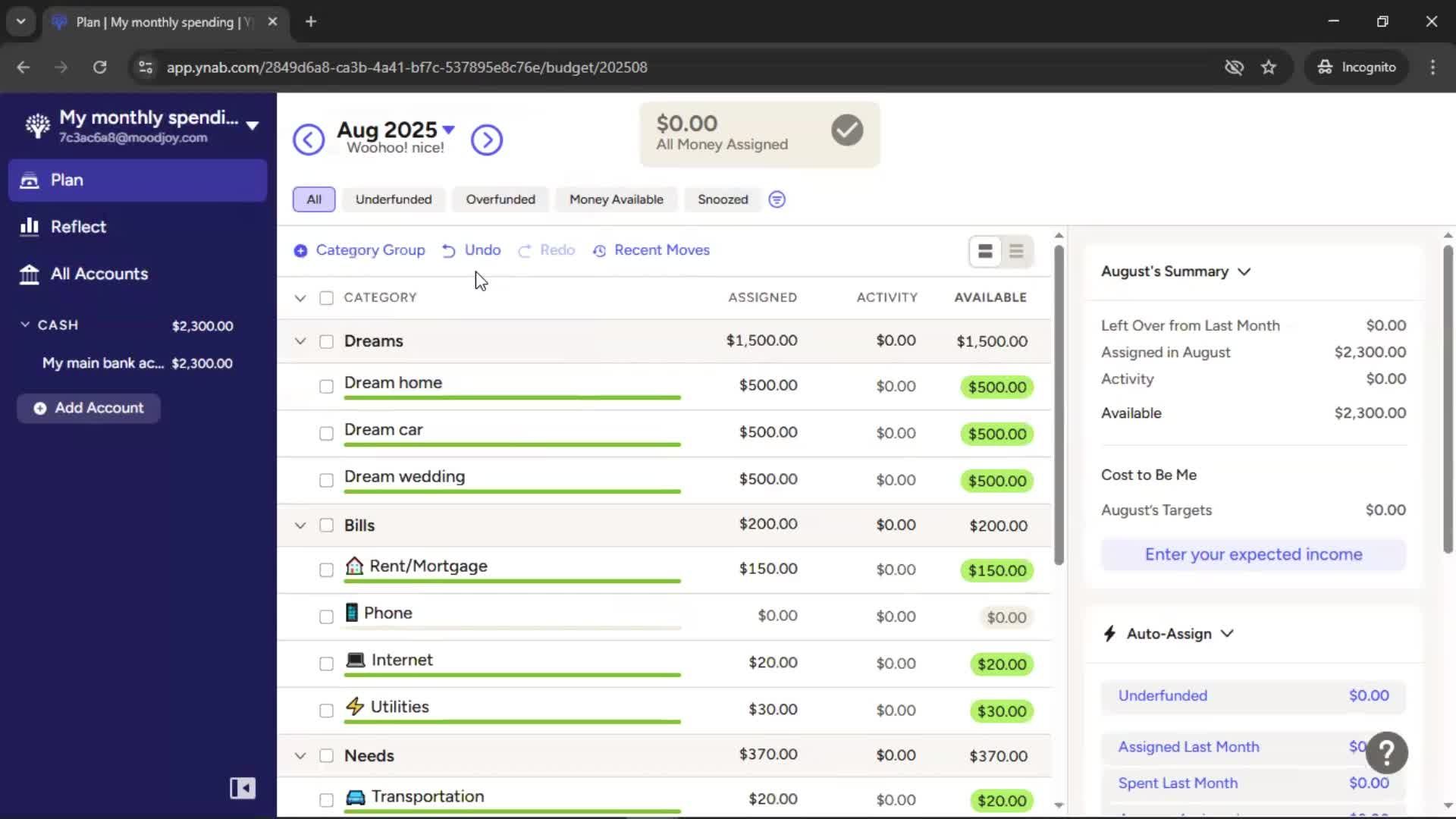 Creating a budget screenshot