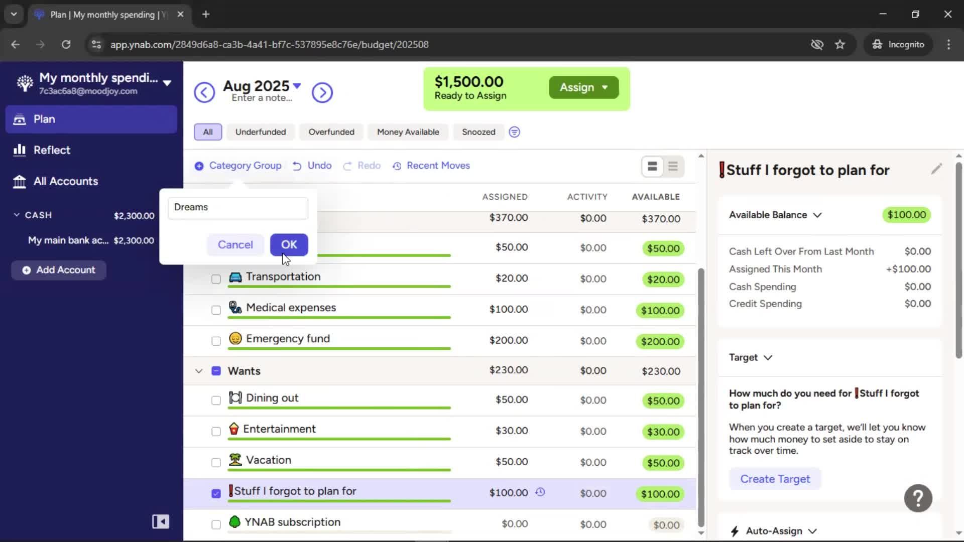 Creating a budget screenshot