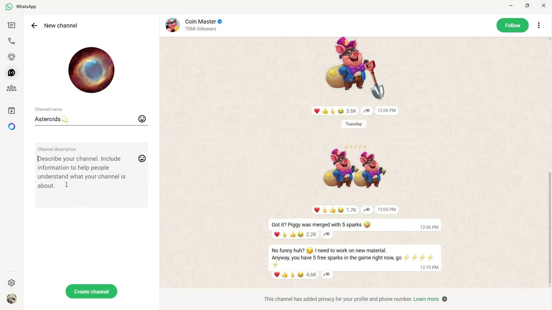 Creating a channel screenshot