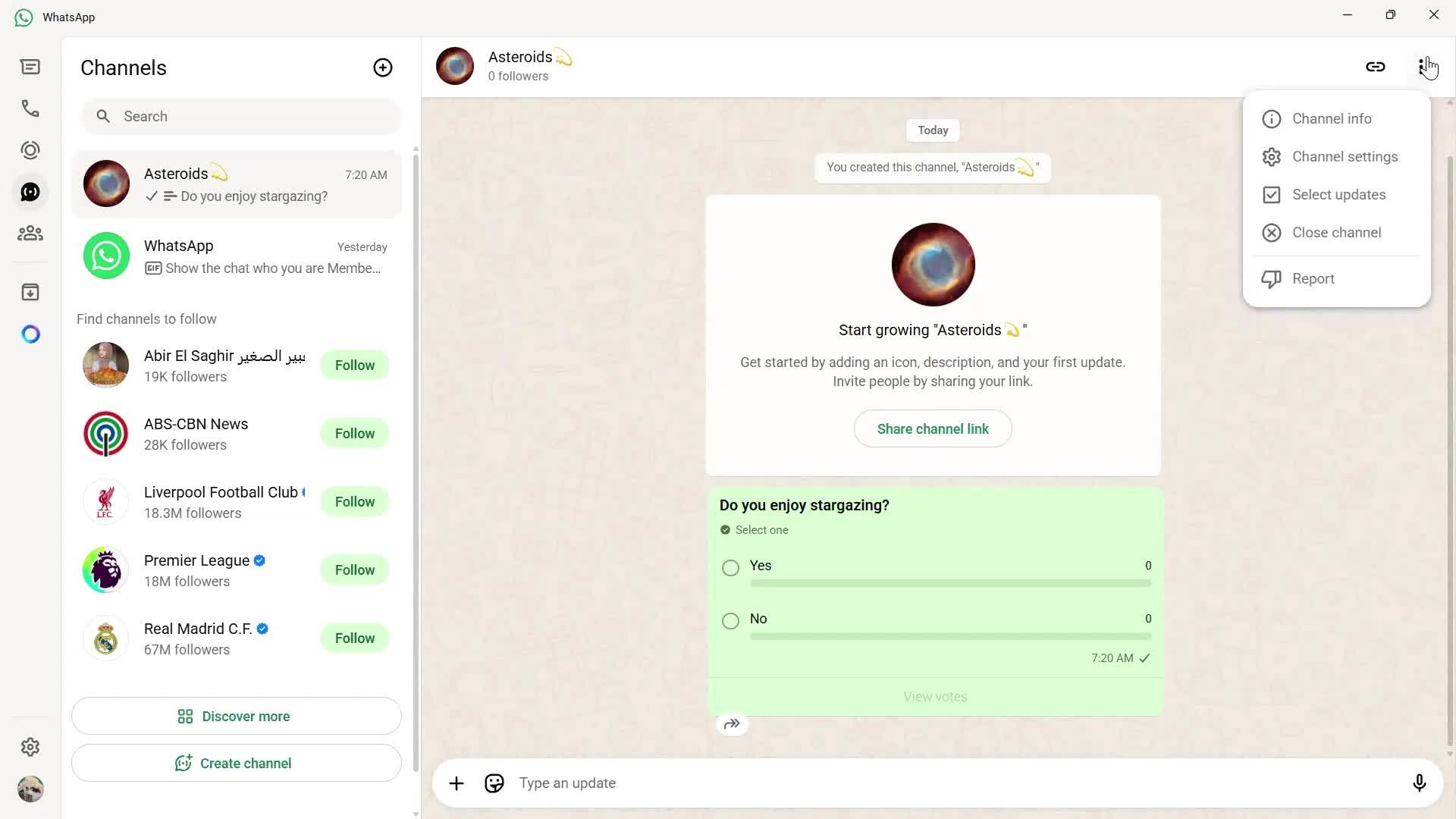 Creating a channel screenshot