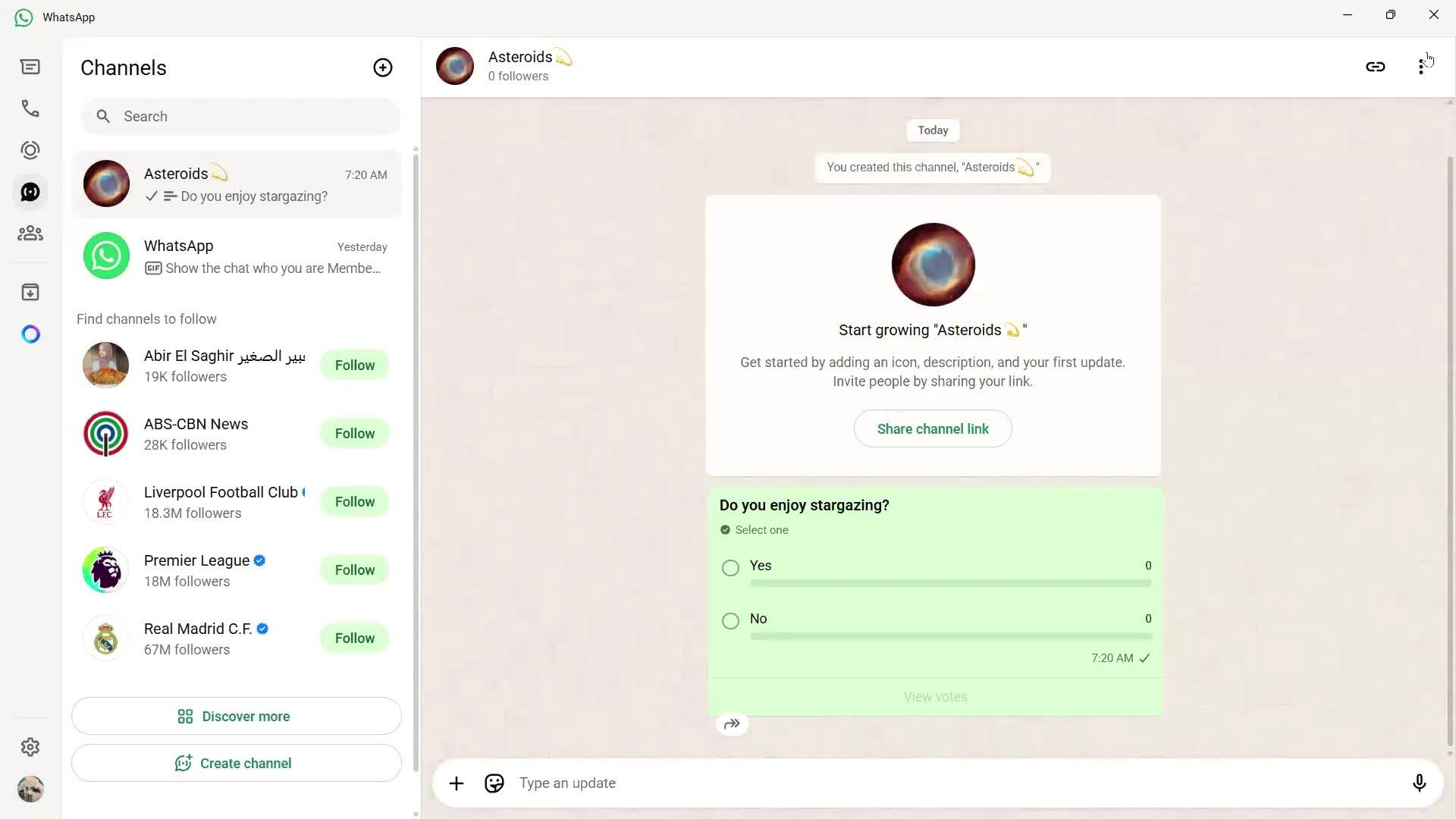 Creating a channel screenshot