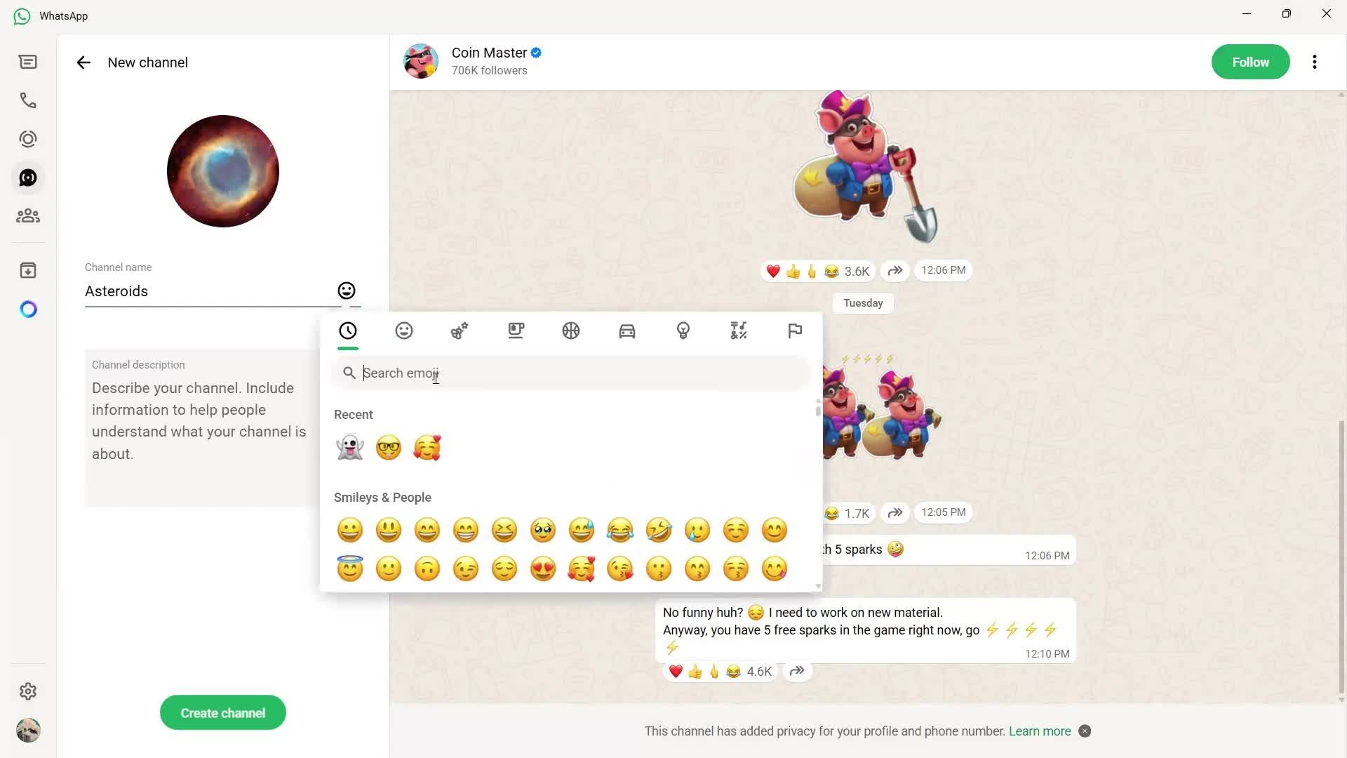 Creating a channel screenshot