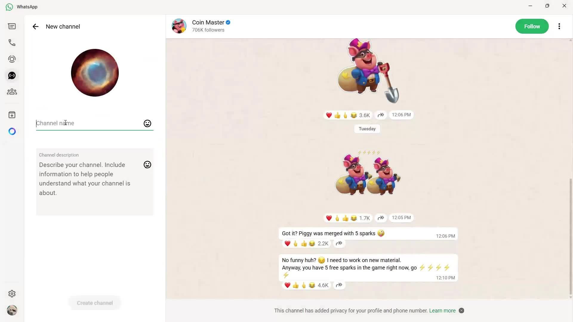 Creating a channel screenshot