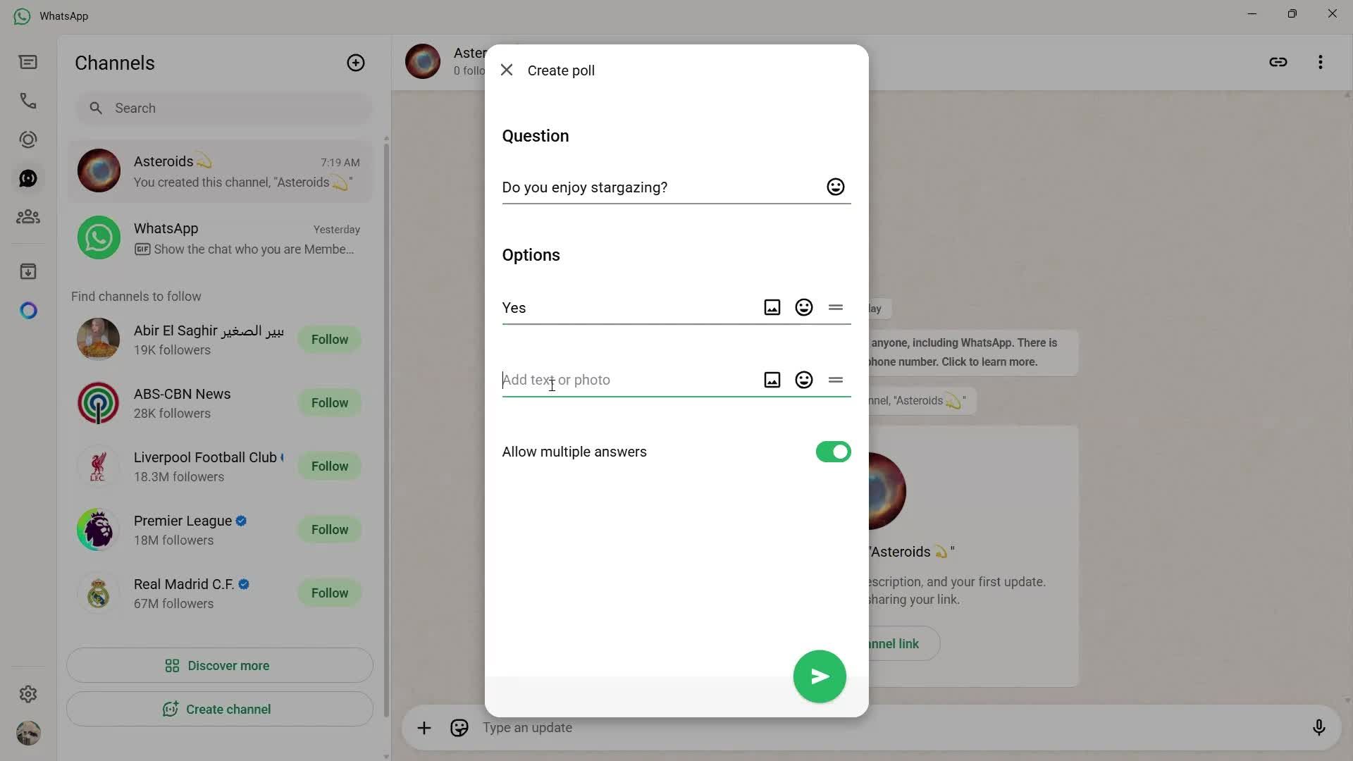 Creating a channel screenshot