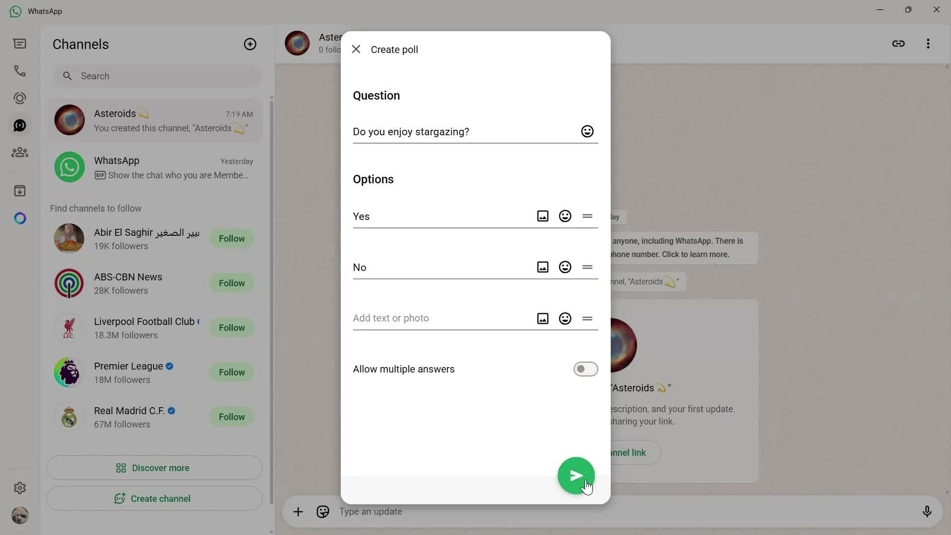 Creating a channel screenshot
