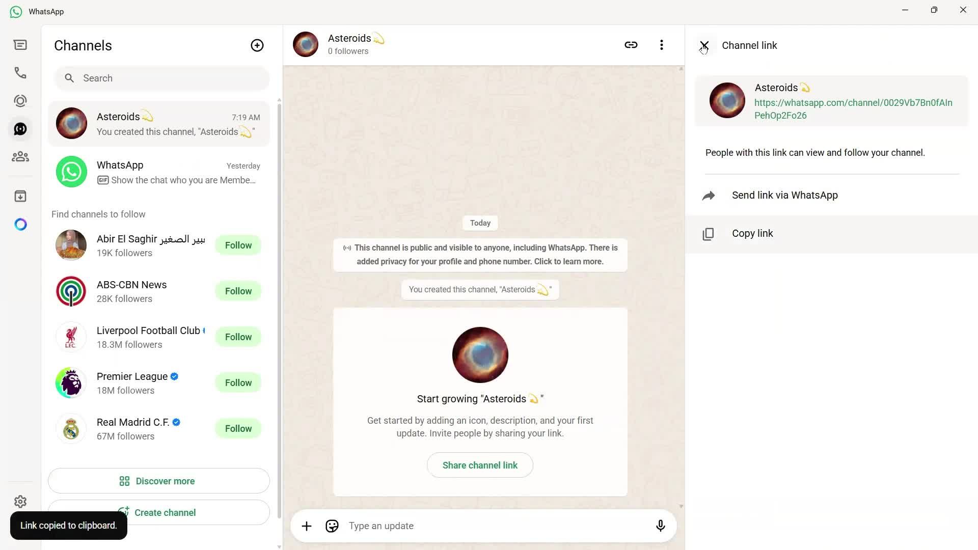 Creating a channel screenshot