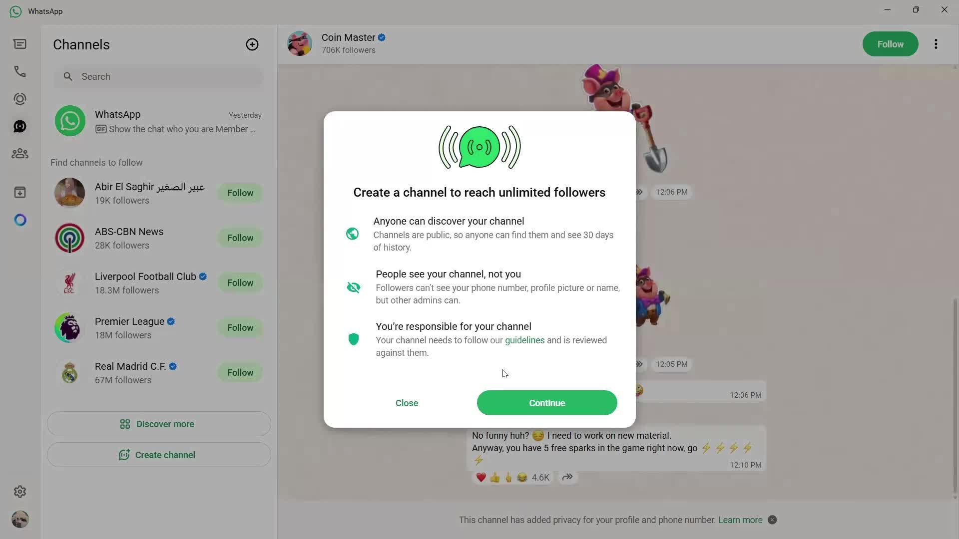 Creating a channel screenshot