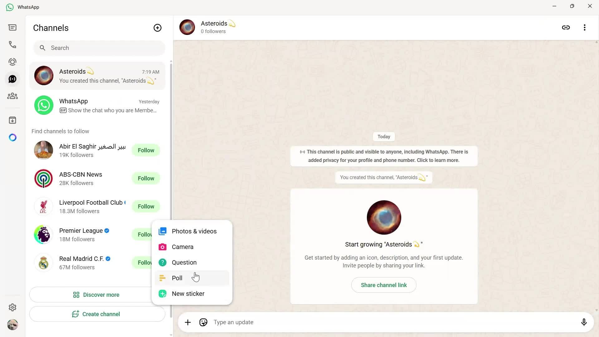 Creating a channel screenshot