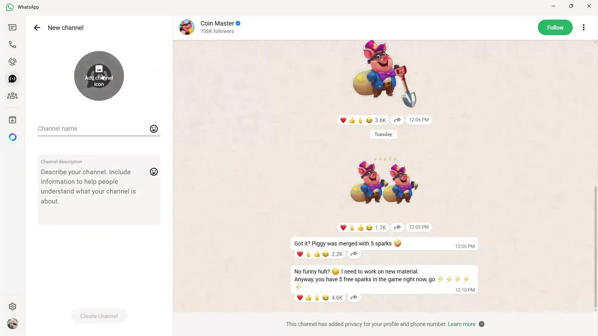Creating a channel screenshot