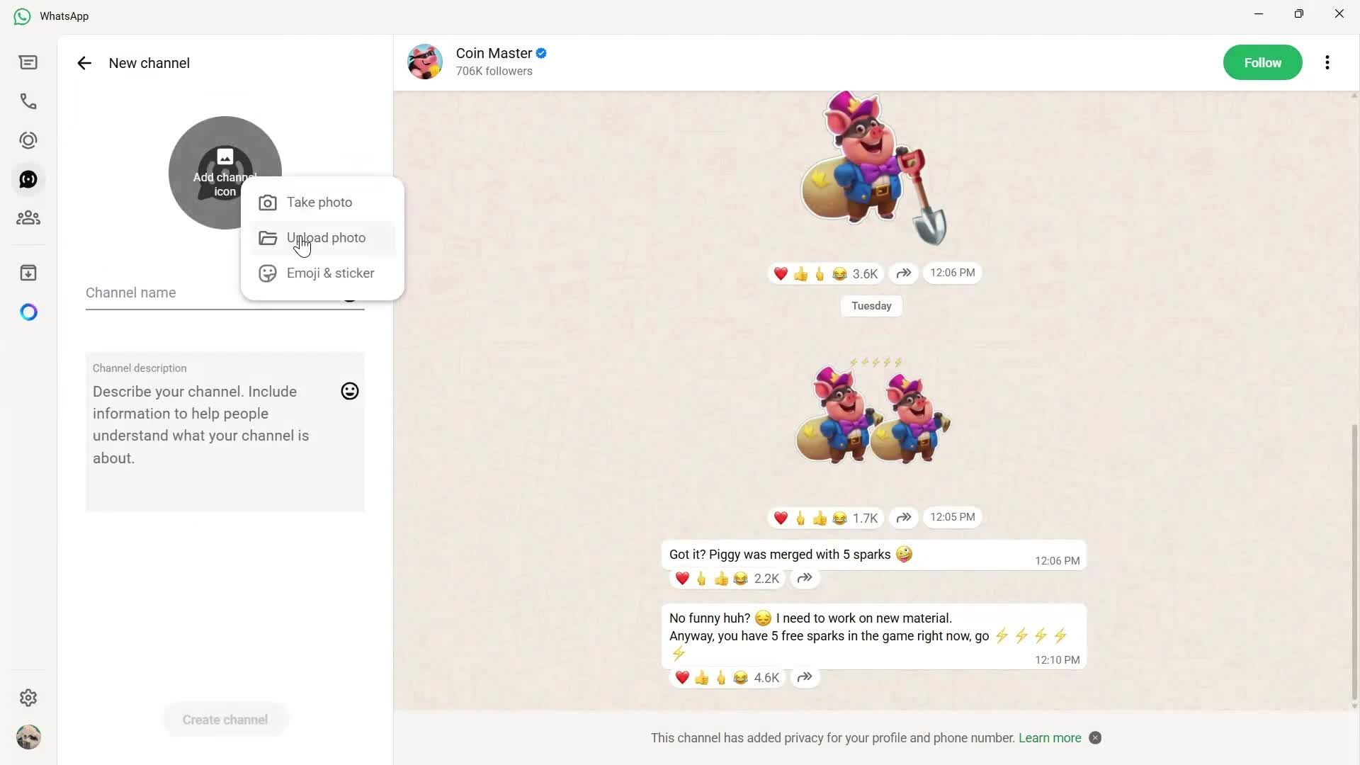 Creating a channel screenshot