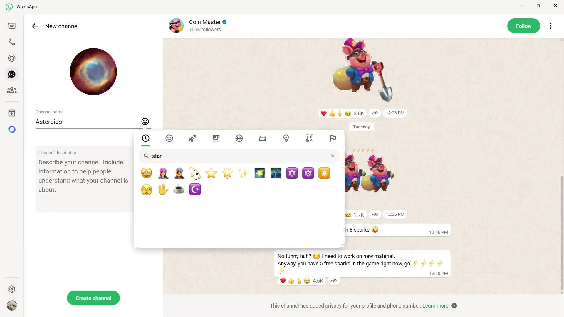 Creating a channel screenshot
