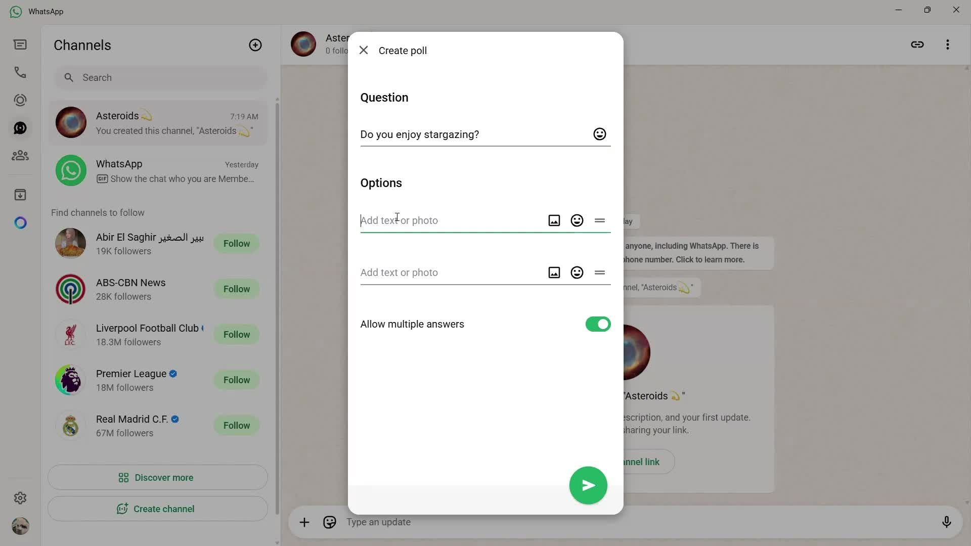 Creating a channel screenshot