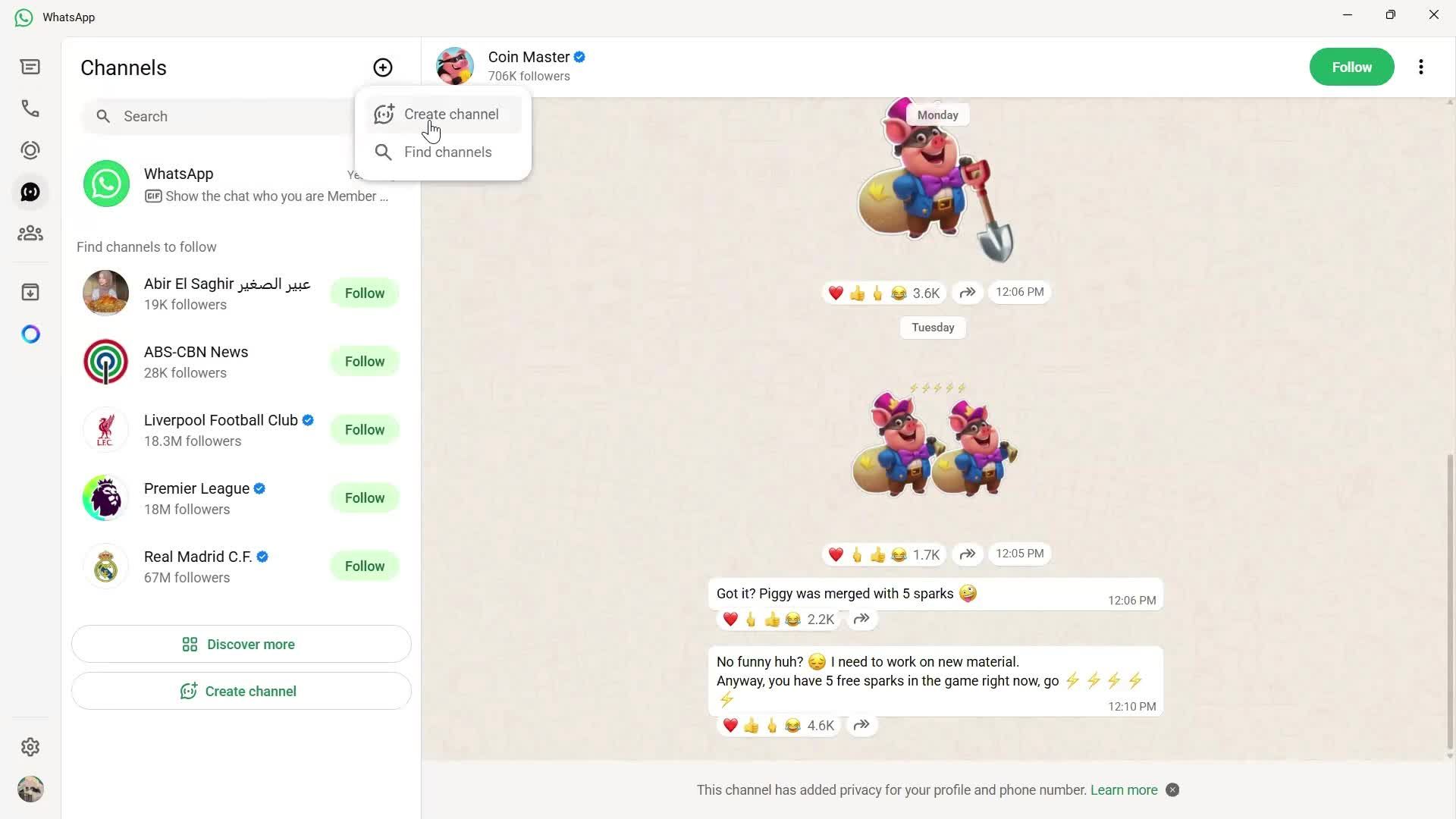 Creating a channel screenshot