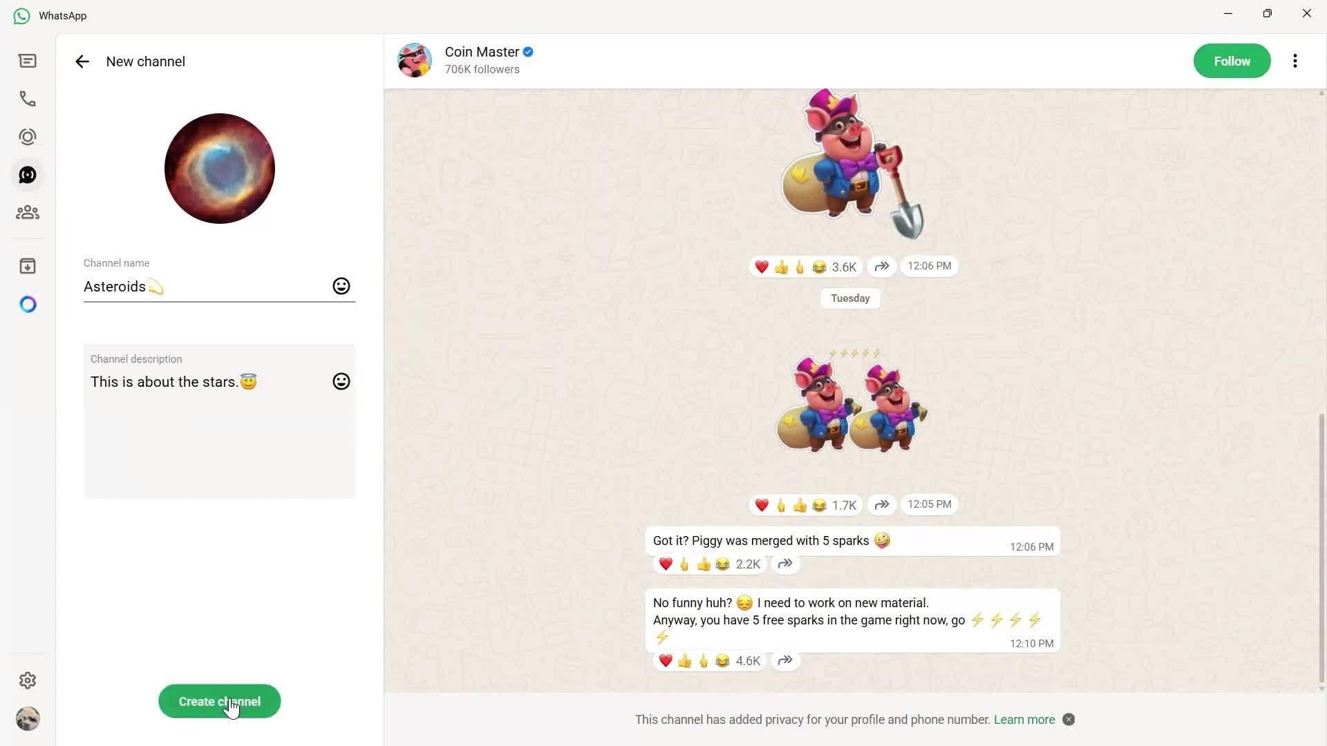 Creating a channel screenshot
