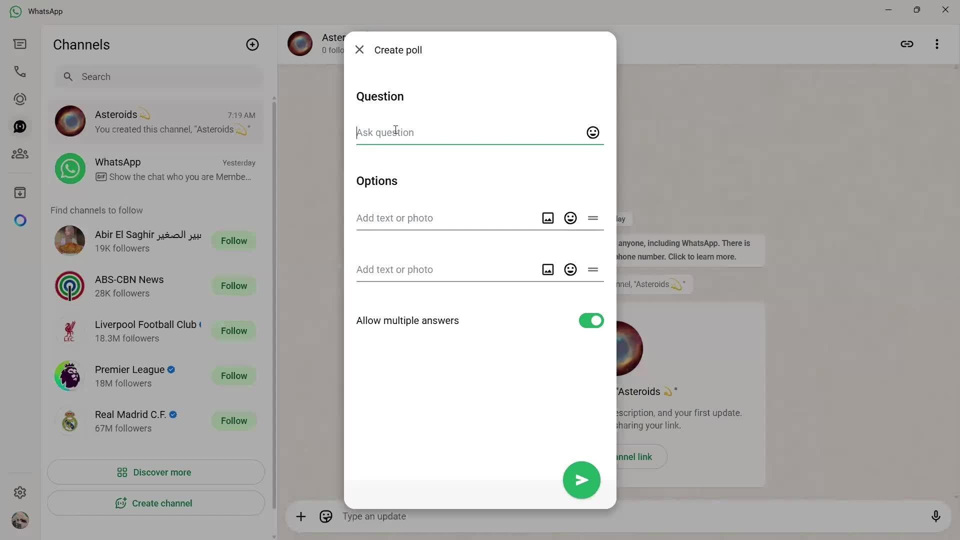 Creating a channel screenshot