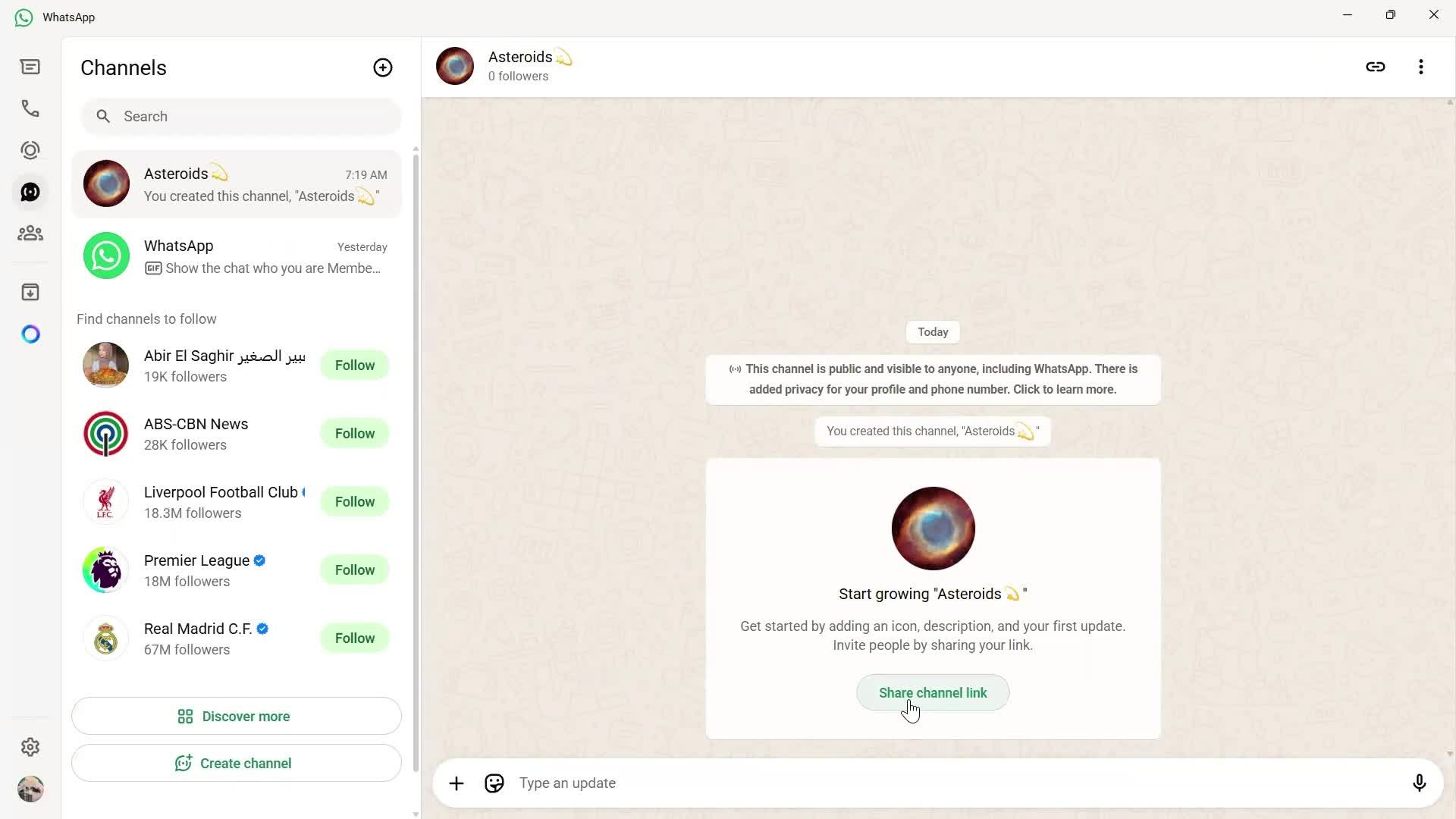 Creating a channel screenshot