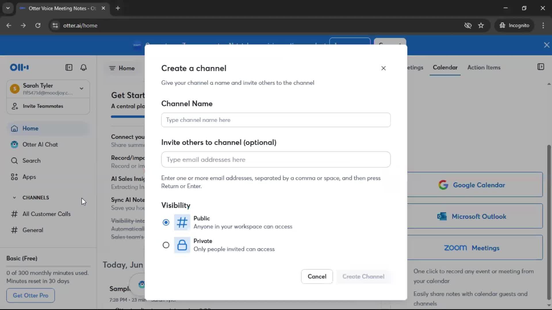 Creating a channel screenshot