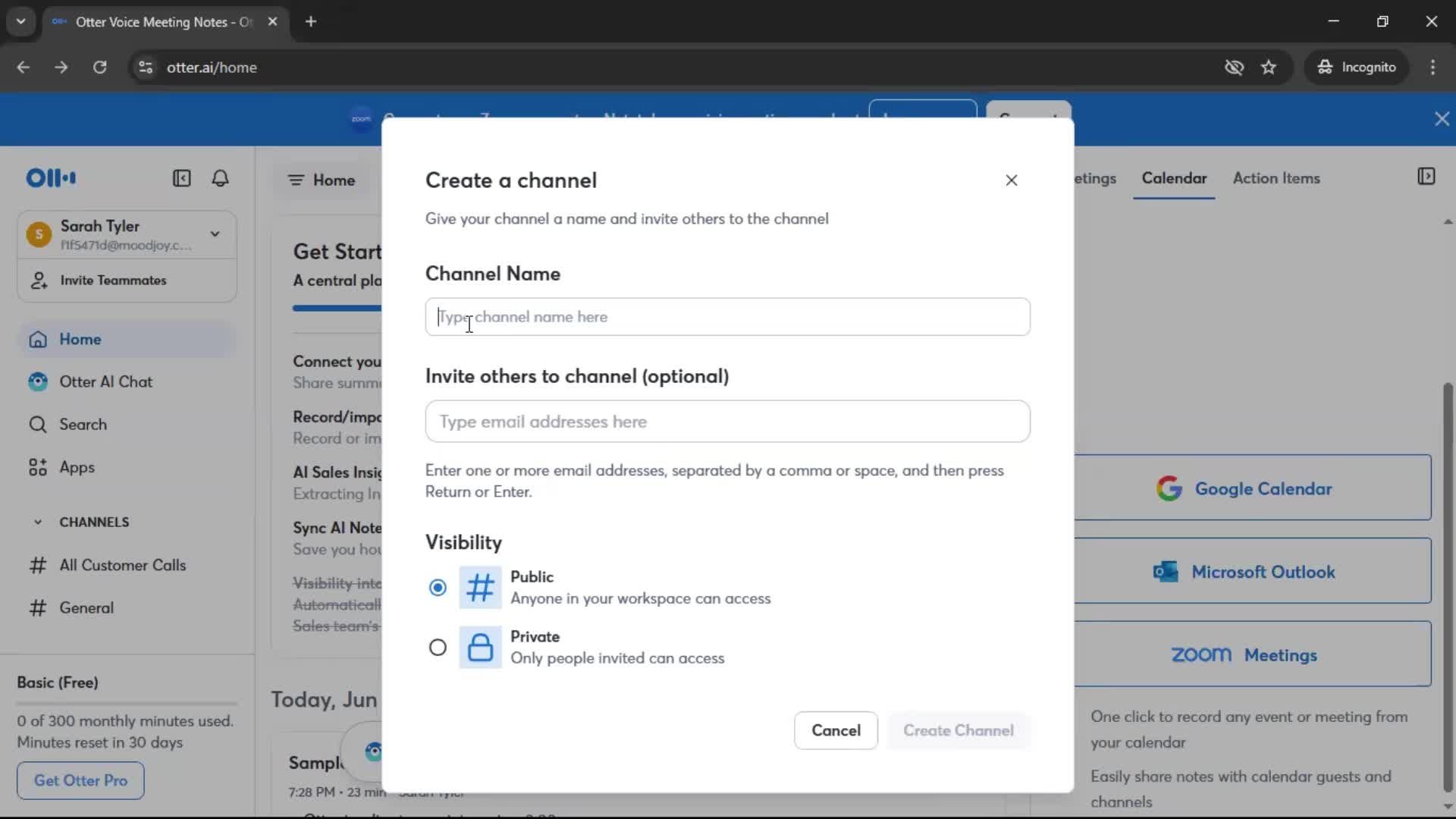 Creating a channel screenshot