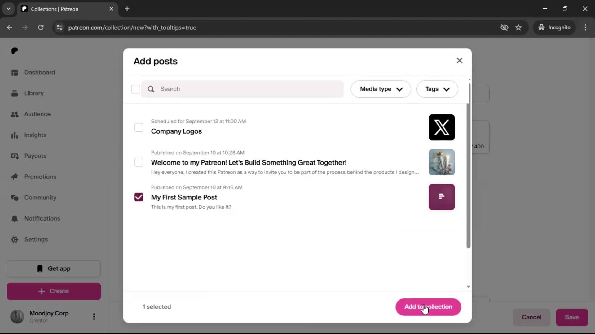 Creating a collection screenshot