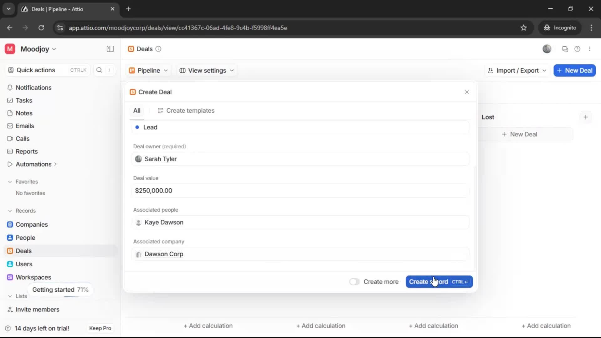 Creating a deal screenshot