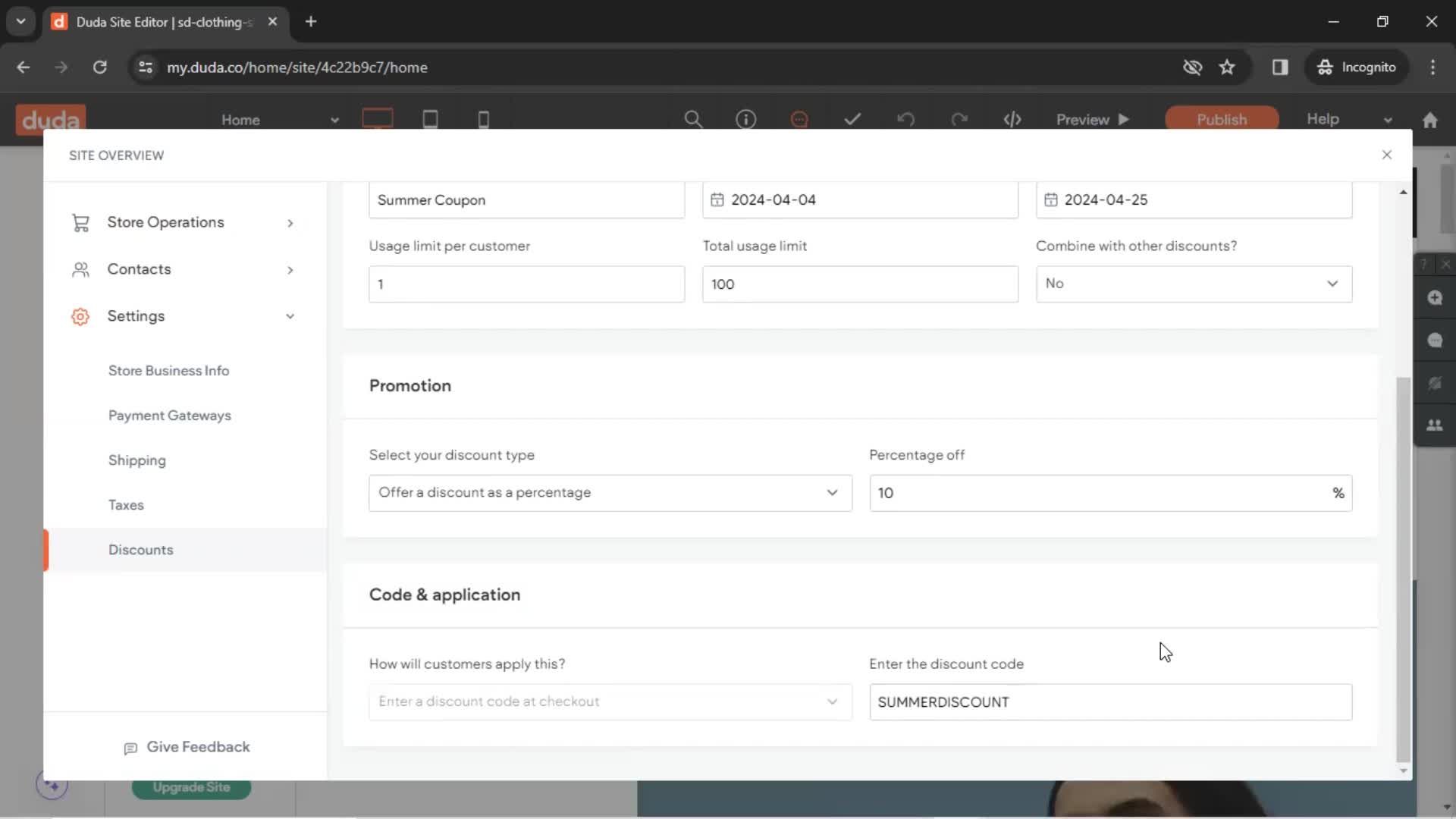 Creating a discount code screenshot