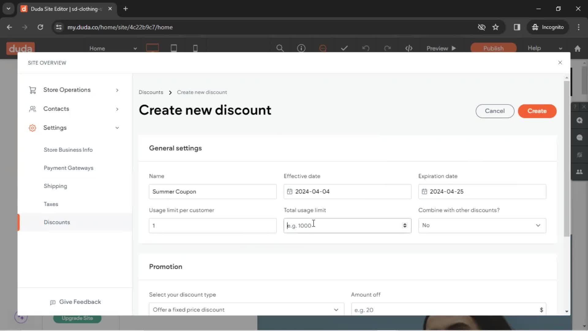 Creating a discount code screenshot