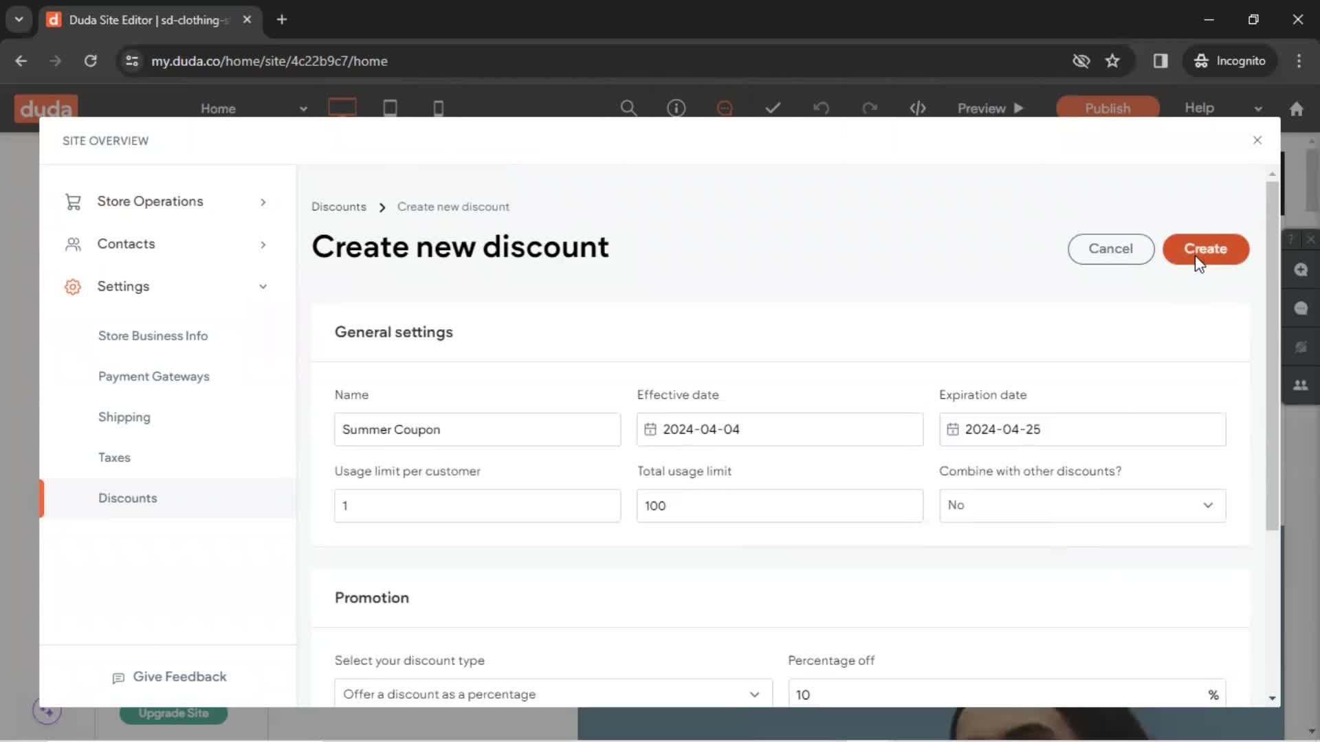 Creating a discount code screenshot