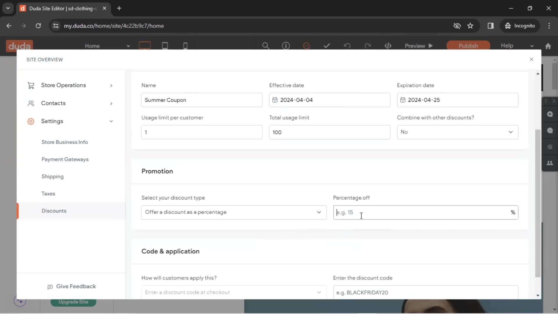Creating a discount code screenshot