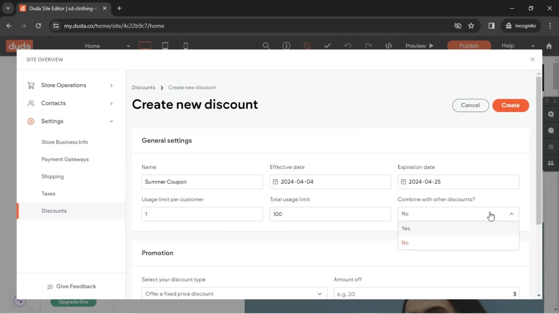 Creating a discount code screenshot