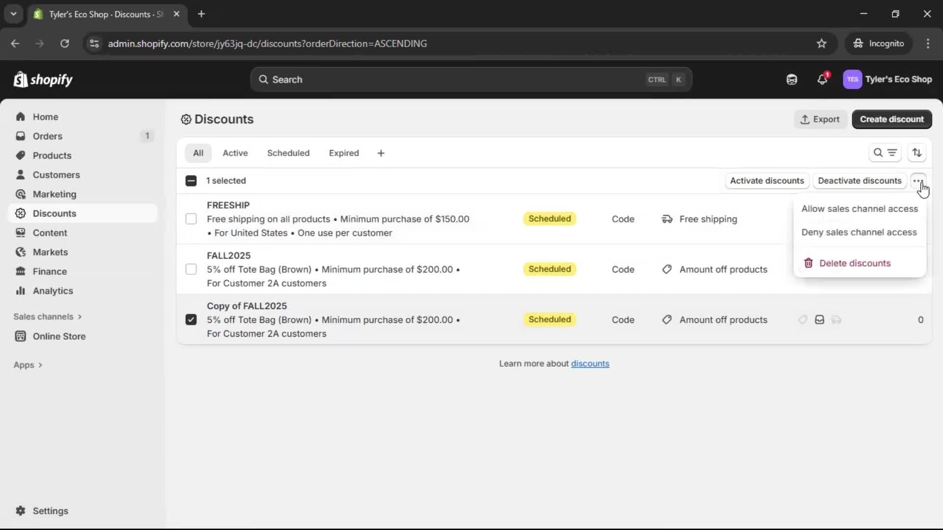 Creating a discount code screenshot