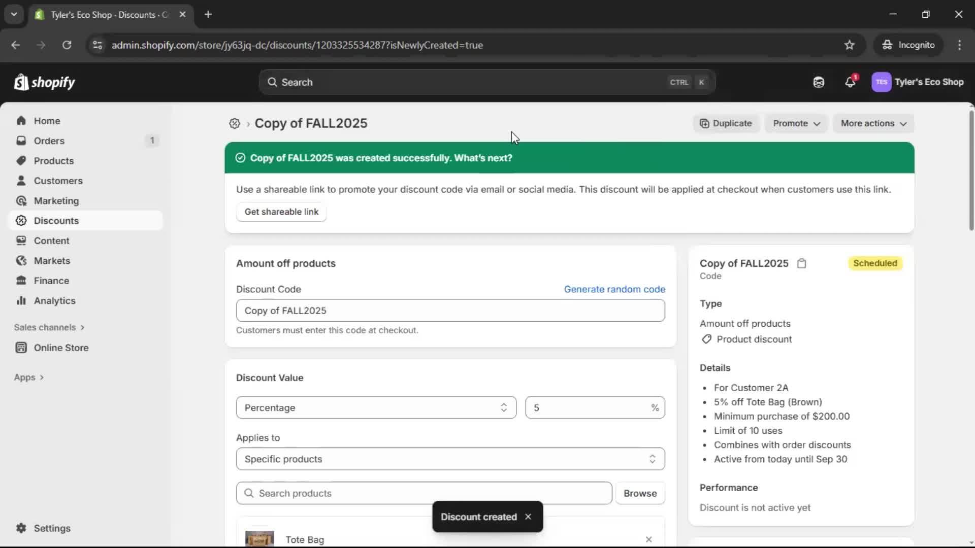 Creating a discount code screenshot