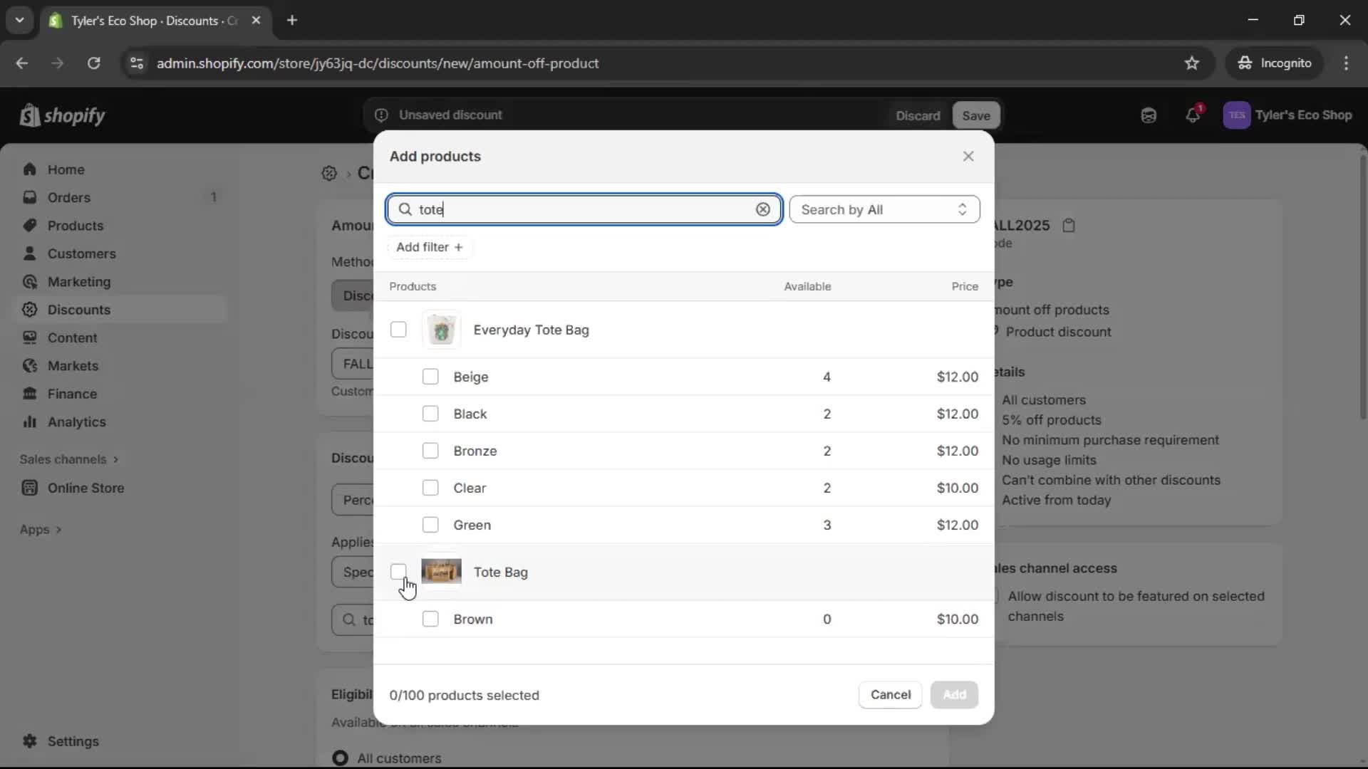 Creating a discount code screenshot