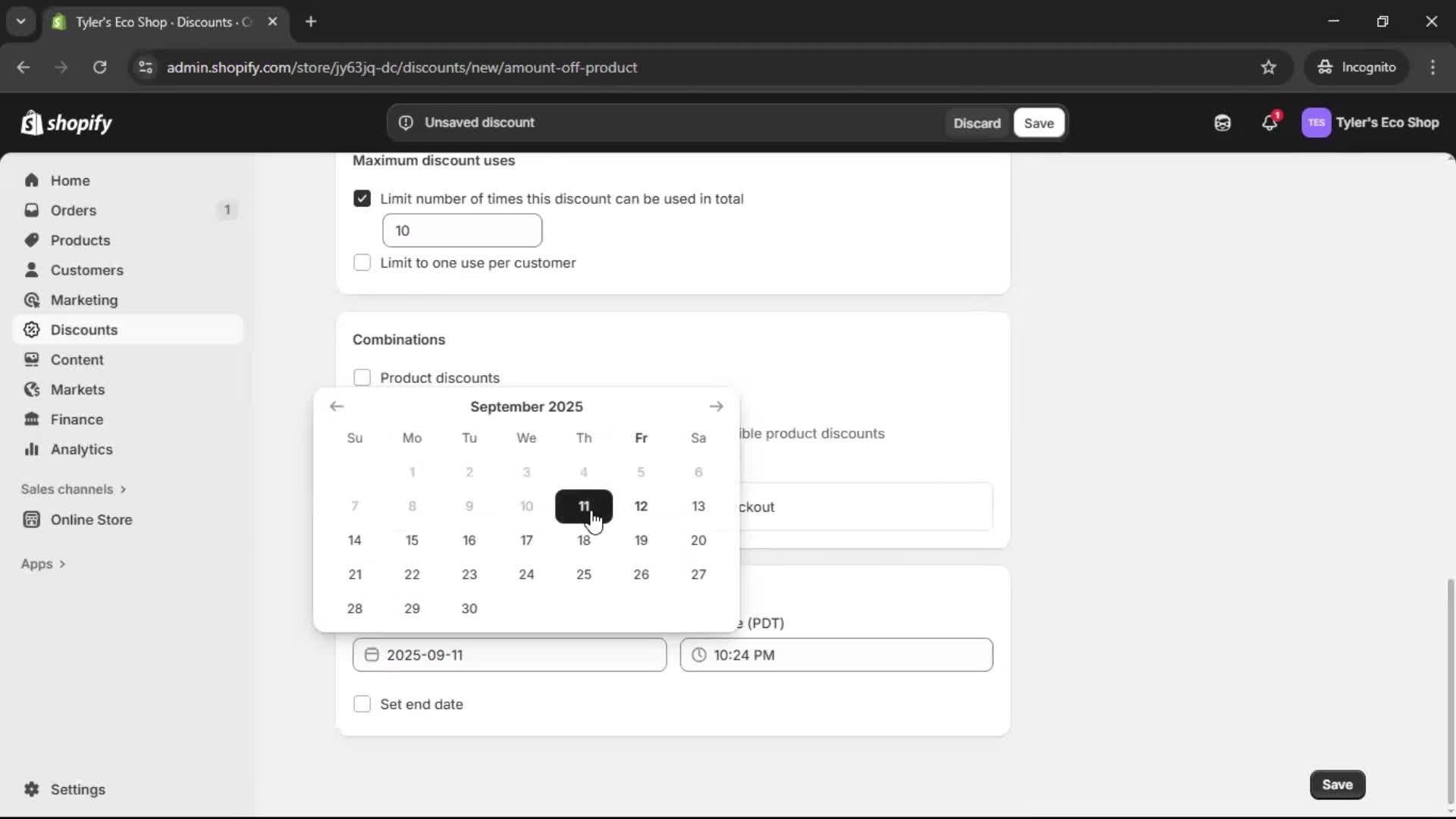 Creating a discount code screenshot