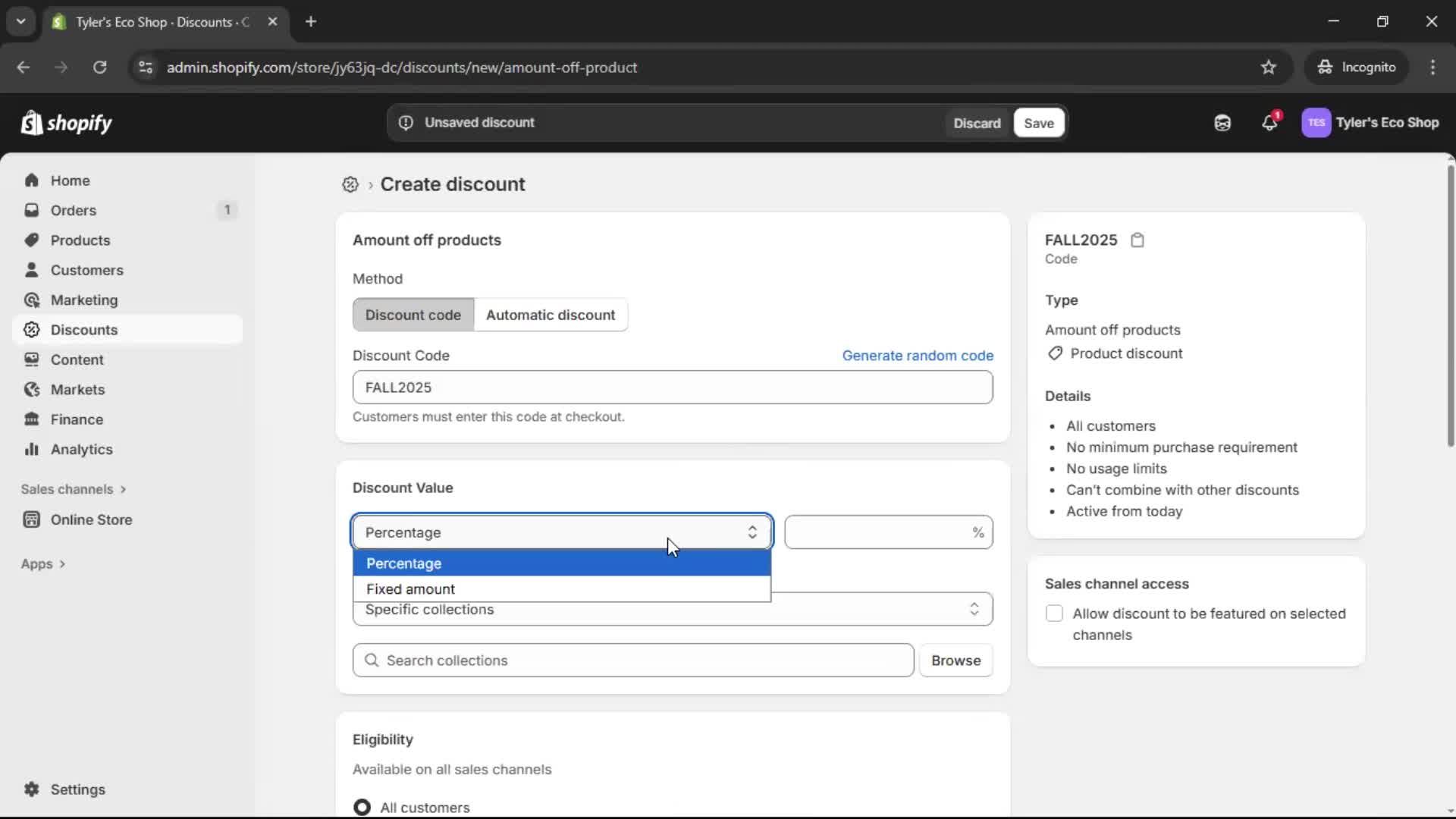 Creating a discount code screenshot