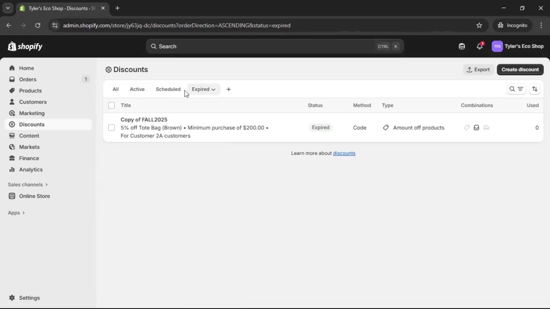 Creating a discount code screenshot