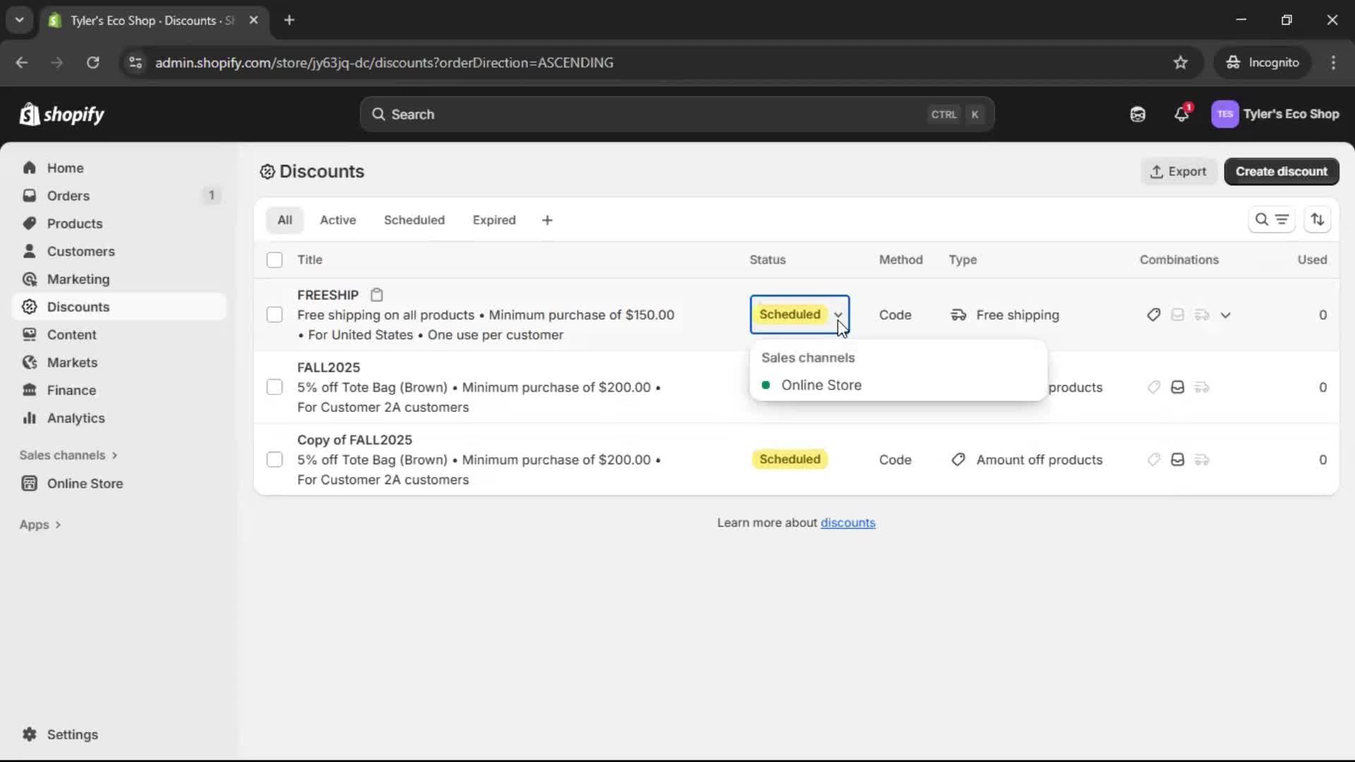 Creating a discount code screenshot