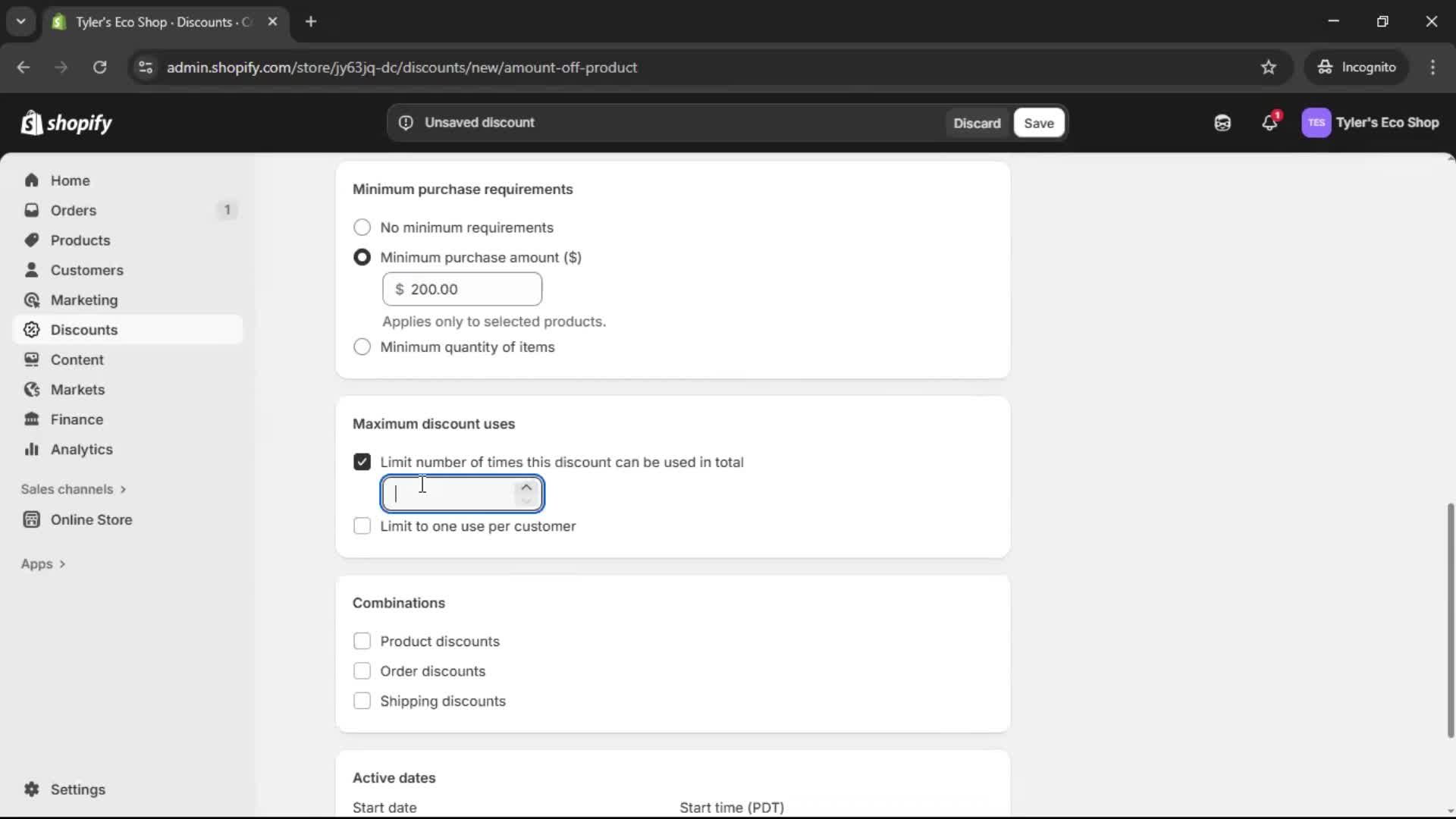 Creating a discount code screenshot